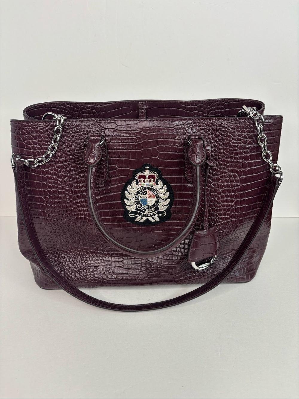 Ralph Lauren Bullion Large Marcy Satchel Croc-Embossed Mahogany Leather Bag - Picture 14 of 16